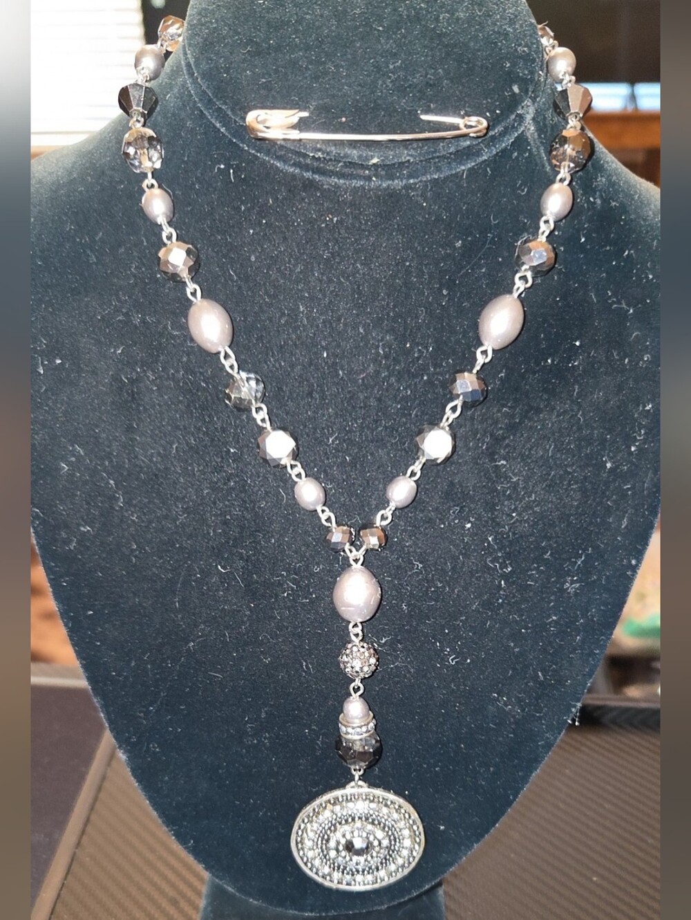 Chico’s Gray Crystal Faux Pearl Medallion Y Drop Statement Necklace
